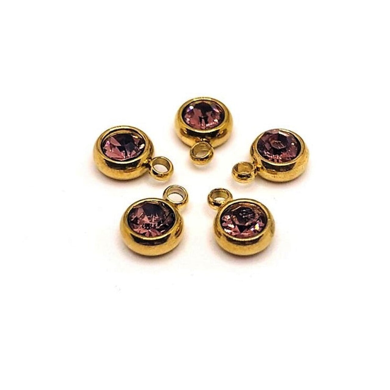 303 Stainless Steel, 18k Gold, Light Purple June Birthstone Rhinestone Charms, 8x6mm